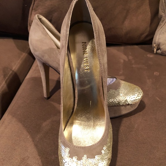 Nine West Champagne Suede Heel (Sequin Toe) - Picture 1 of 3